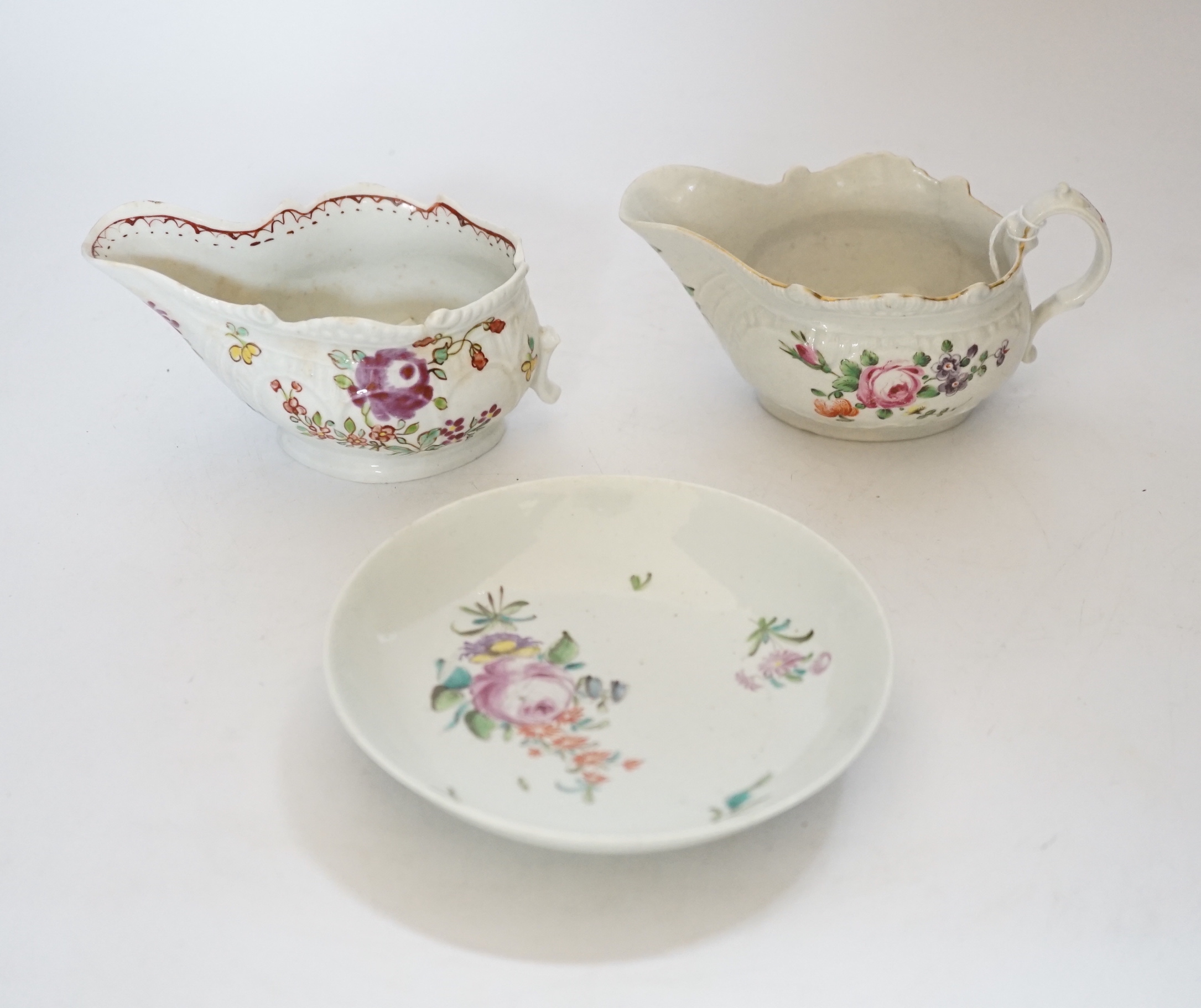 A Chaffers Liverpool saucer, c.1760 and two 18th century Christian or Pennington sauceboats, saucer 12cm diameter